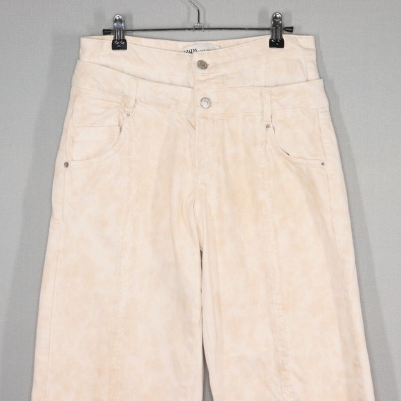 Zara Jeans Womens Size 4 Cream Tan The Slim Frayed Double Waistband Wide Leg - Picture 2 of 7